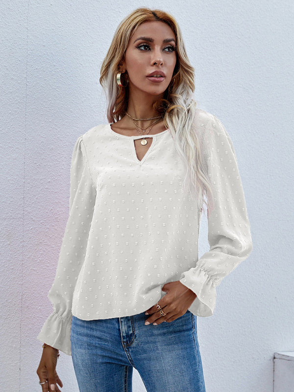 Women's Jacquard Polka Dot Long Sleeve Blouse