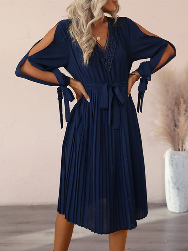 V-Neck Hollow-Out Midi Dress with Lantern Sleeves – Purplish Blue Navy