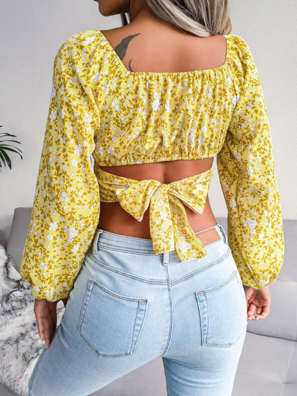 Floral Chiffon Crop Top with Bow & Lantern Sleeves
