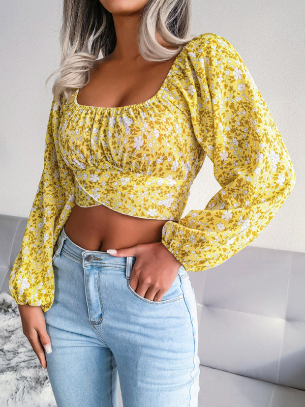 Floral Chiffon Crop Top with Bow & Lantern Sleeves