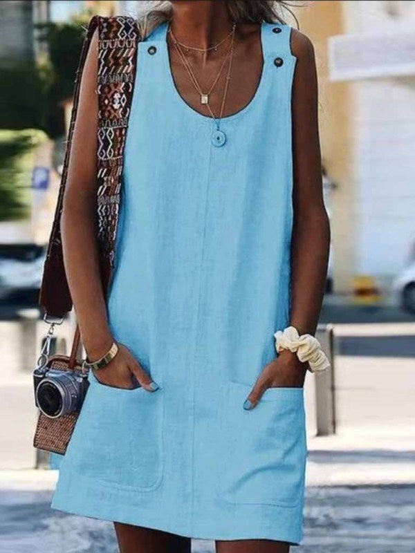 Cotton Linen Pocket Suspender Dress – Button Detail, Flowy Fit, Spring-Summer