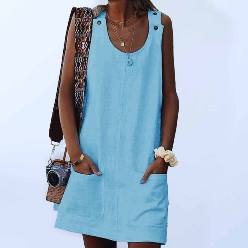 Cotton Linen Pocket Suspender Dress – Button Detail, Flowy Fit, Spring-Summer