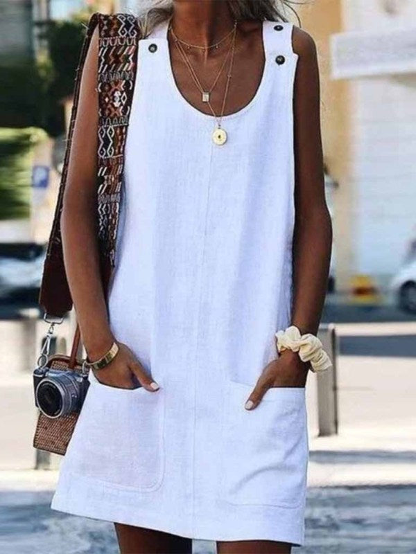 Cotton Linen Pocket Suspender Dress – Button Detail, Flowy Fit, Spring-Summer
