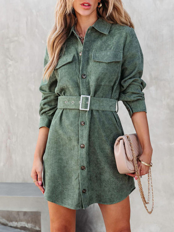 Corduroy Tie Waist Shirt Dress – Solid Color, Flap Pockets & Lapel Collar Green