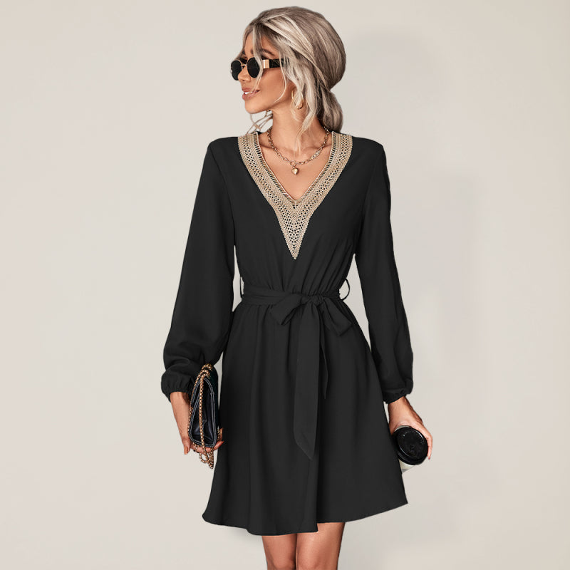 Elegant V-Neck Lace Long Sleeve Slim Dress – Classic Year-Round Fit Black