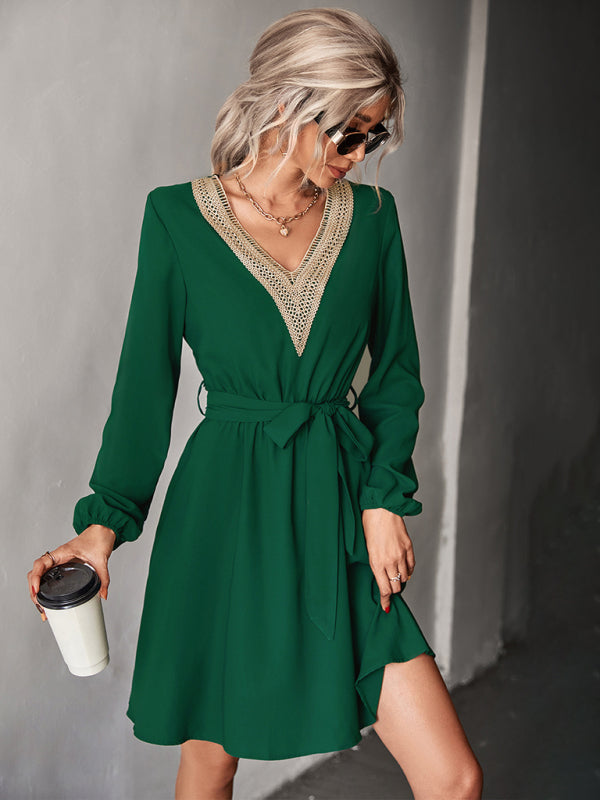 Elegant V-Neck Lace Long Sleeve Slim Dress – Classic Year-Round Fit
