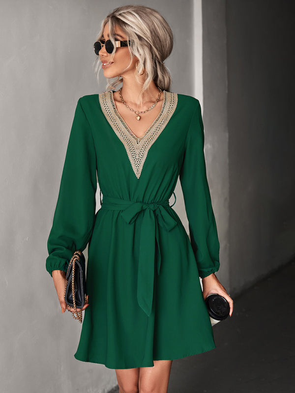 Elegant V-Neck Lace Long Sleeve Slim Dress – Classic Year-Round Fit