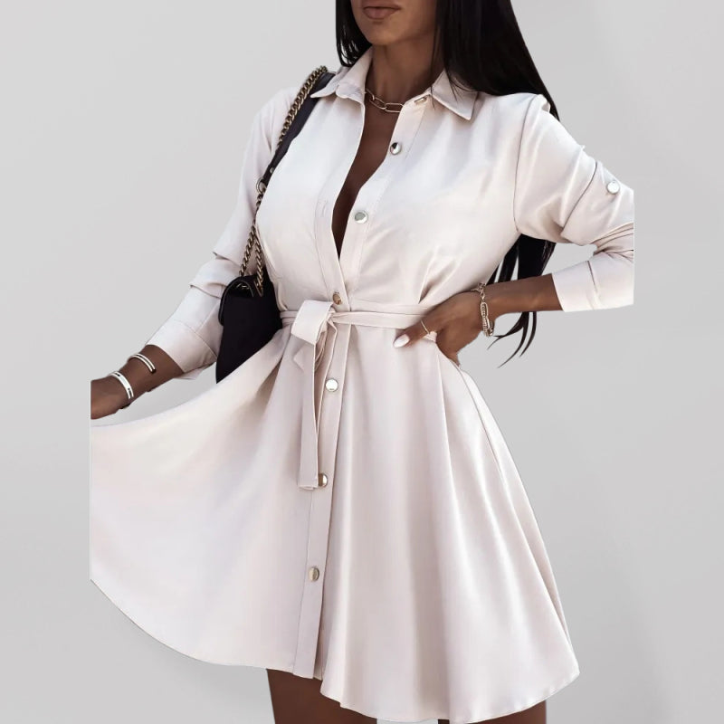 Solid Lapel Button Tie Midi Dress – Long Sleeve, High-Waist Silhouette