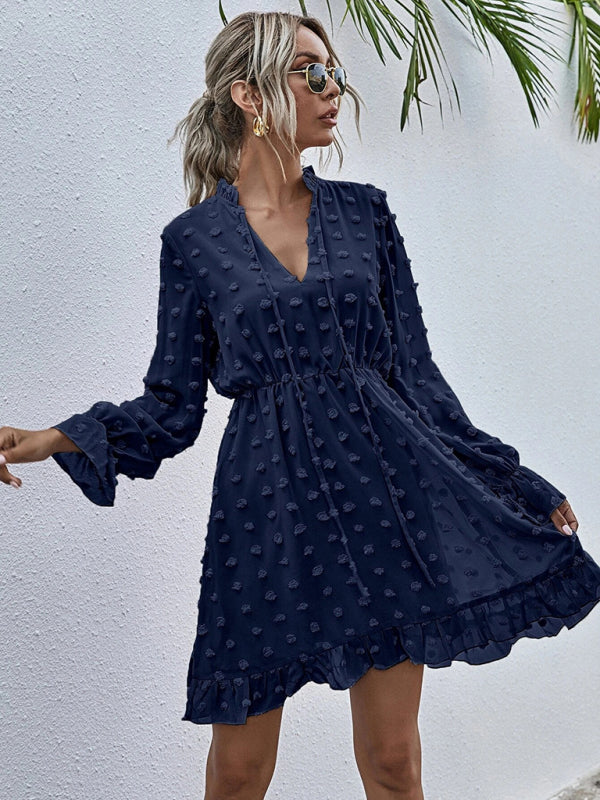 Polka Dot Jacquard Long Sleeve Midi Dress – High-Waist, Wrinkle-Resistant Elegance