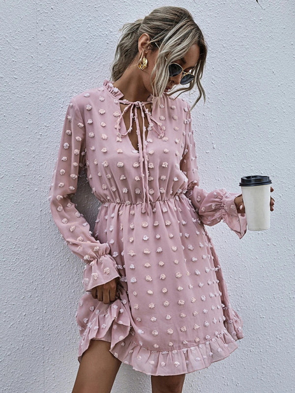 Polka Dot Jacquard Long Sleeve Midi Dress – High-Waist, Wrinkle-Resistant Elegance