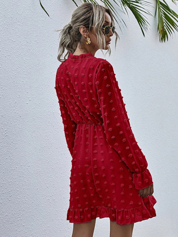 Polka Dot Jacquard Long Sleeve Midi Dress – High-Waist, Wrinkle-Resistant Elegance