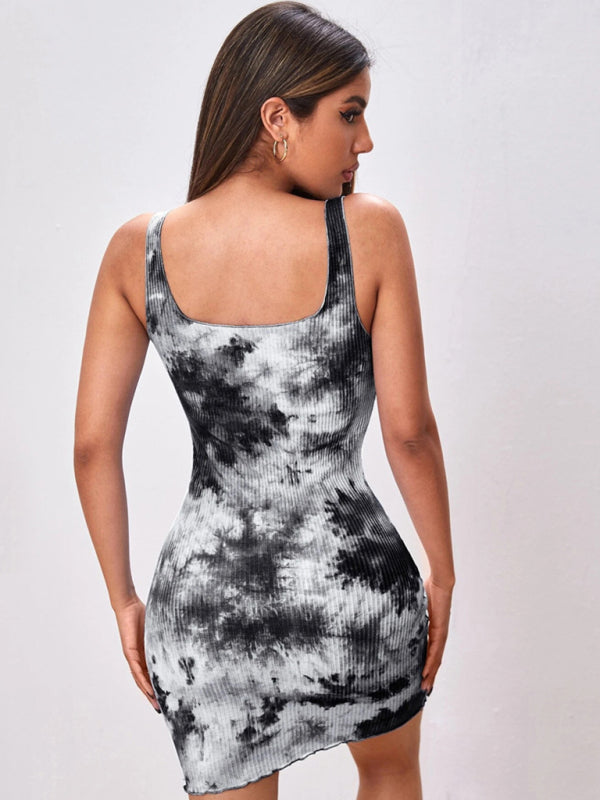 Tie-Dye Bodycon Camisole Dress – Sleeveless Wrap Skirt, Adjustable Straps