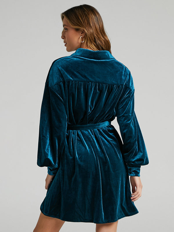 Retro Gold Velvet Shirt Dress – Lapel Collar & Balloon Sleeves for Spring & Summer