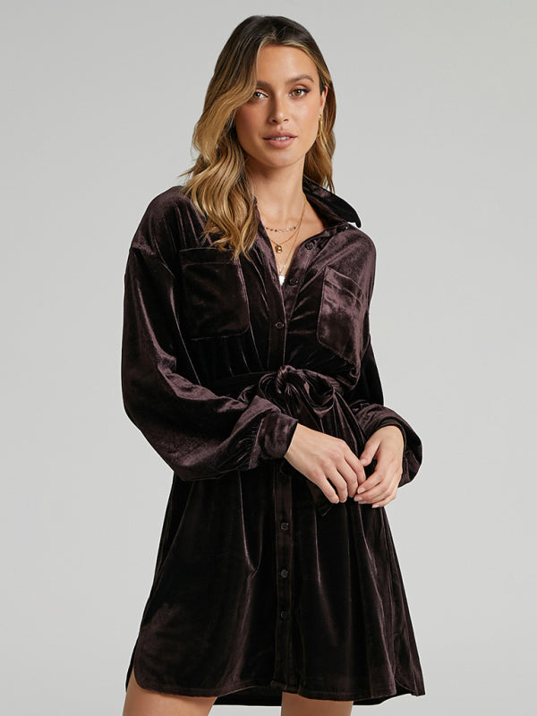 Retro Gold Velvet Shirt Dress – Lapel Collar & Balloon Sleeves for Spring & Summer