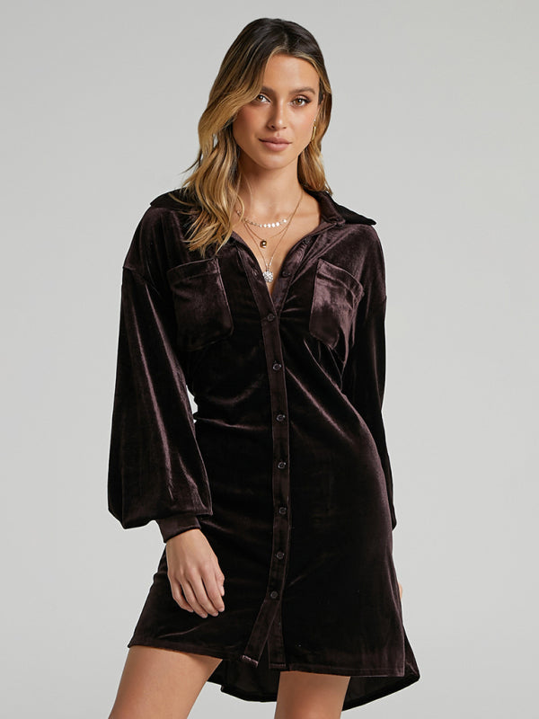 Retro Gold Velvet Shirt Dress – Lapel Collar & Balloon Sleeves for Spring & Summer