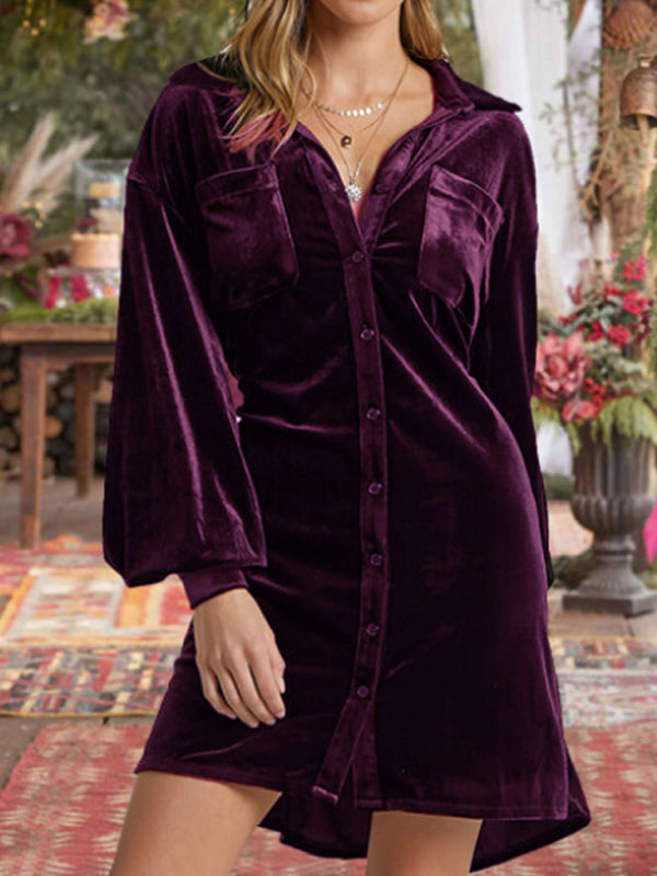 Retro Gold Velvet Shirt Dress – Lapel Collar & Balloon Sleeves for Spring & Summer Purple