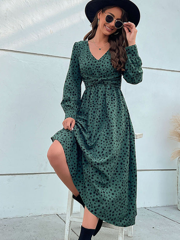 Polka Dot Knotted High-Waist Long Sleeve Dress – V-Neck Spring Style