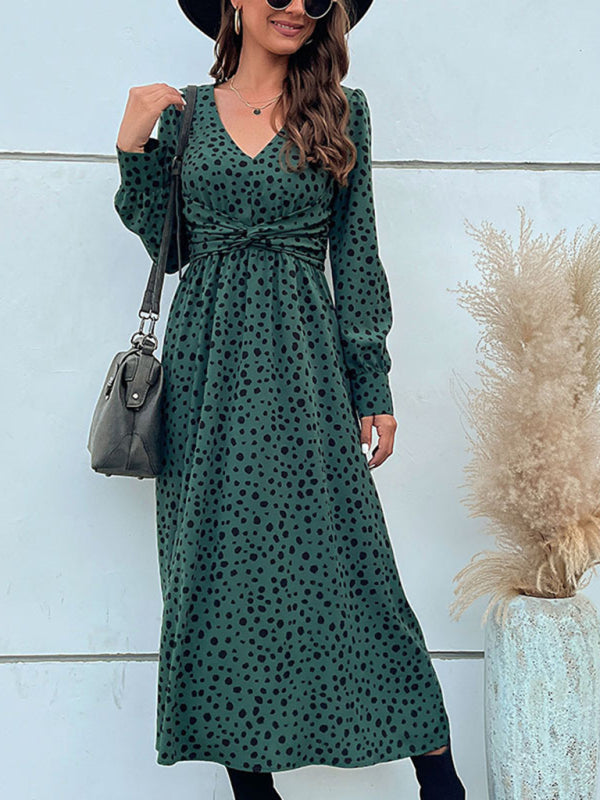 Polka Dot Knotted High-Waist Long Sleeve Dress – V-Neck Spring Style