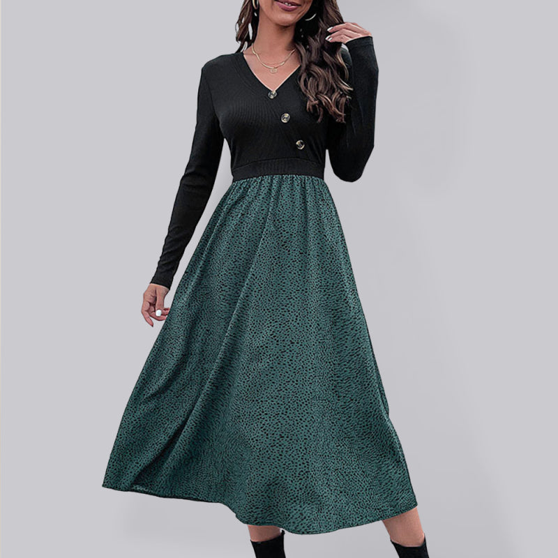 Retro Polka Dot Long Sleeve Dress – High-Waist V-Neck Knit Design