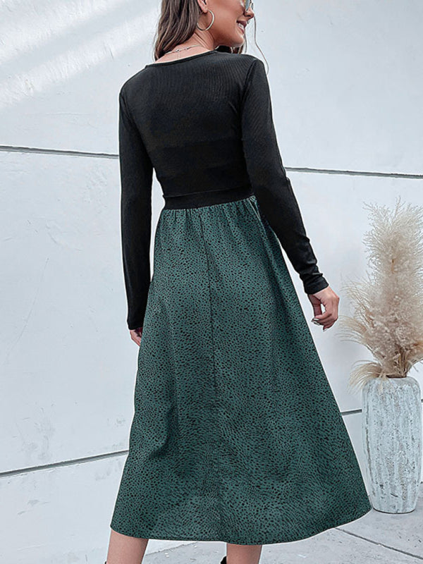 Retro Polka Dot Long Sleeve Dress – High-Waist V-Neck Knit Design