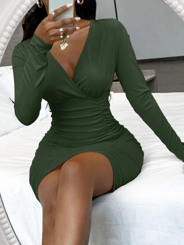 Knitted Solid Color Slim Fit Dress – Cross Neck & Gathered Hip