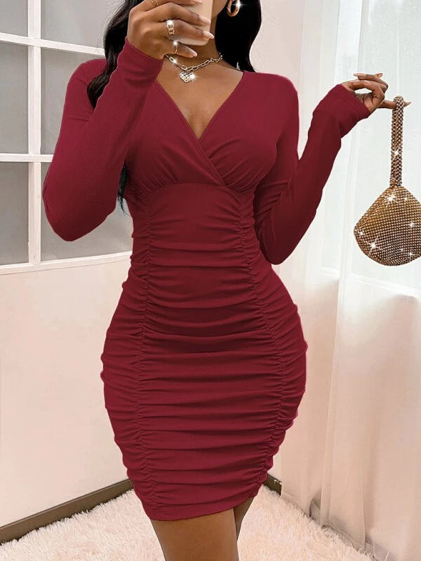 Knitted Solid Color Slim Fit Dress – Cross Neck & Gathered Hip