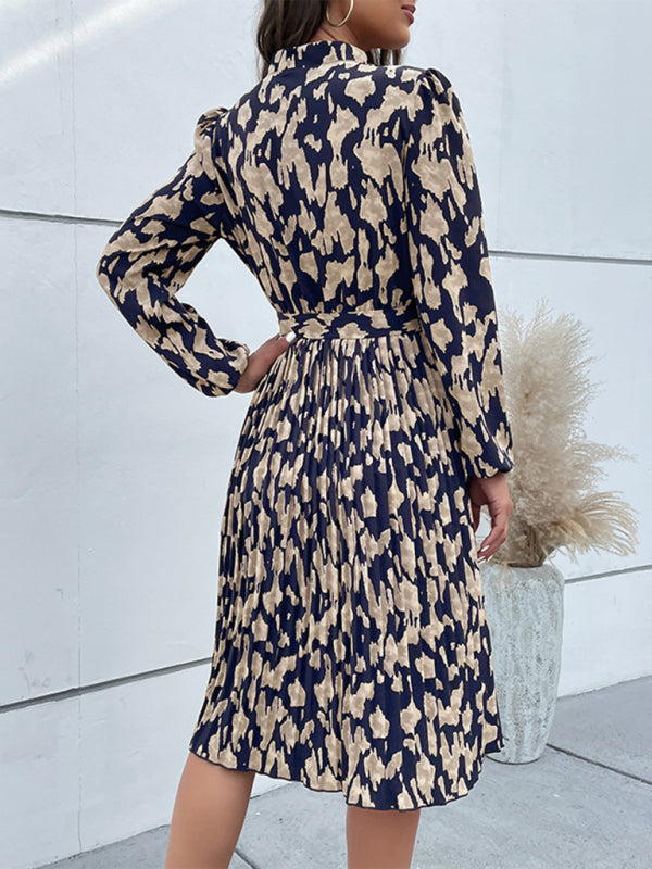 Pleated Long Sleeve Boho Dress – V-Neck, High Waist, Purplish Navy
