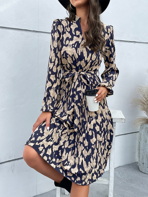 Pleated Long Sleeve Boho Dress – V-Neck, High Waist, Purplish Navy