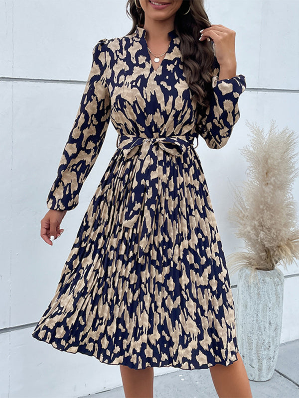 Pleated Long Sleeve Boho Dress – V-Neck, High Waist, Purplish Navy
