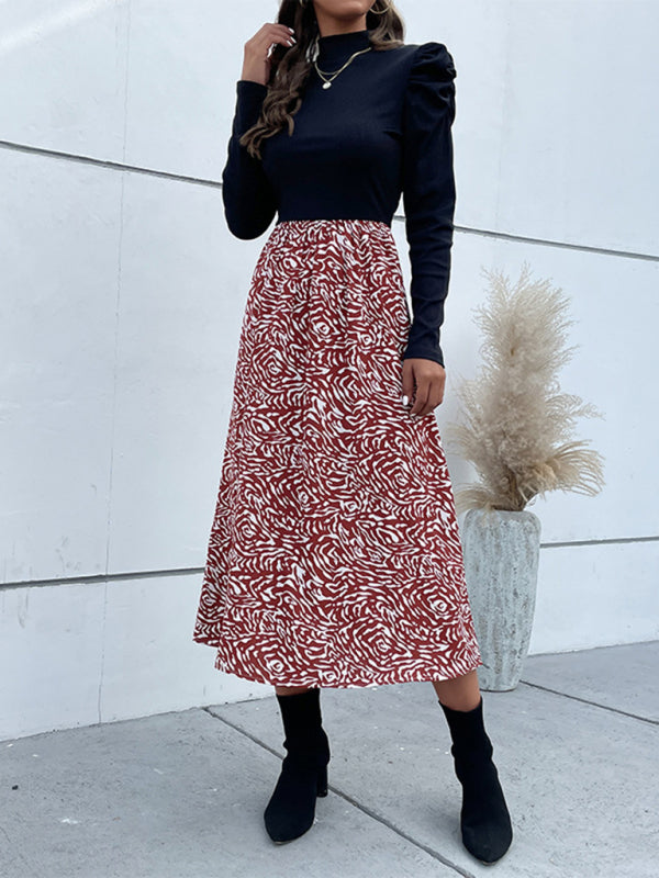 Zebra Print Puff Sleeve Midi Dress – Bohemian Long Sleeve High Collar