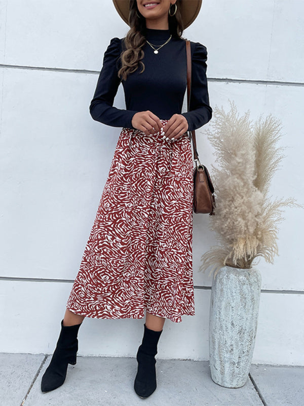Zebra Print Puff Sleeve Midi Dress – Bohemian Long Sleeve High Collar