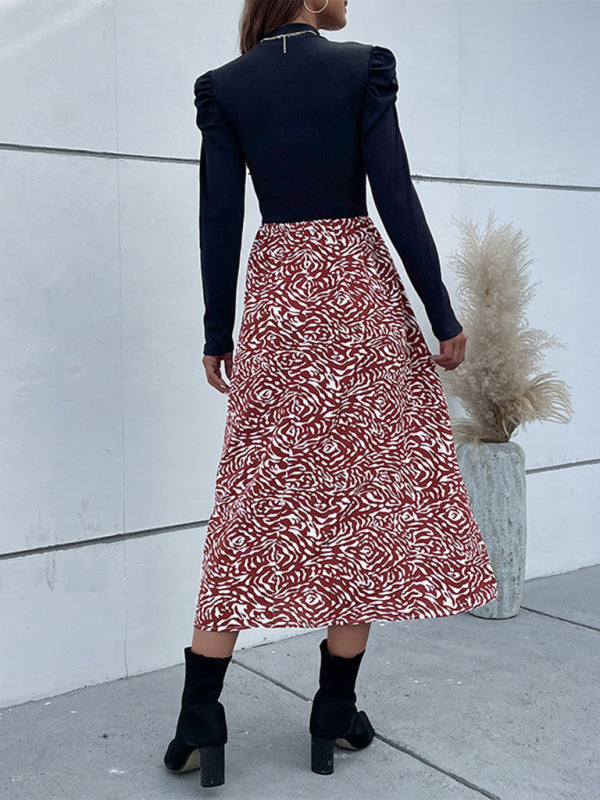 Zebra Print Puff Sleeve Midi Dress – Bohemian Long Sleeve High Collar