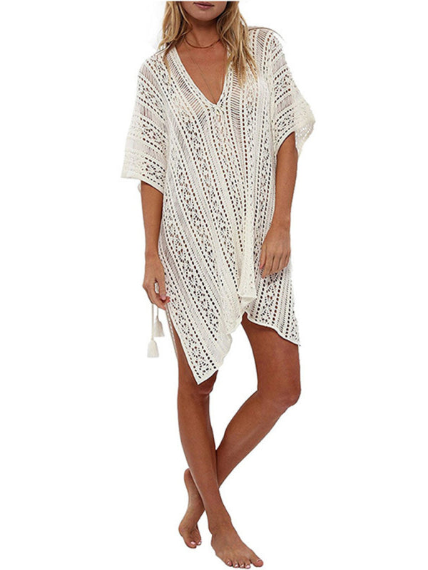Knitted Hollow Cover-Up – V-Neck Cotton Beach Blouse for Sun Protection
