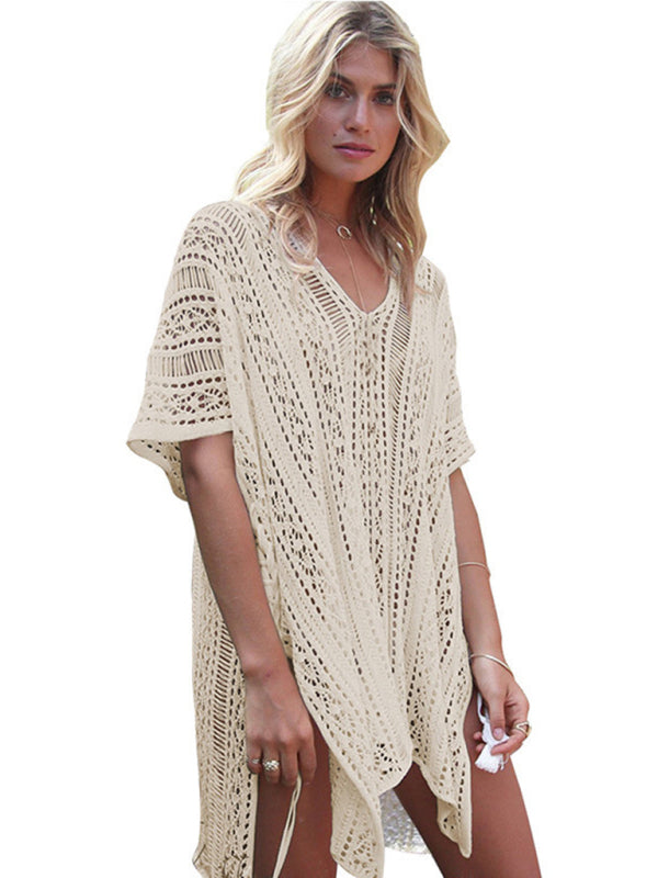 Knitted Hollow Cover-Up – V-Neck Cotton Beach Blouse for Sun Protection