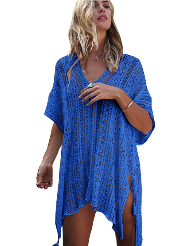 Knitted Hollow Cover-Up – V-Neck Cotton Beach Blouse for Sun Protection