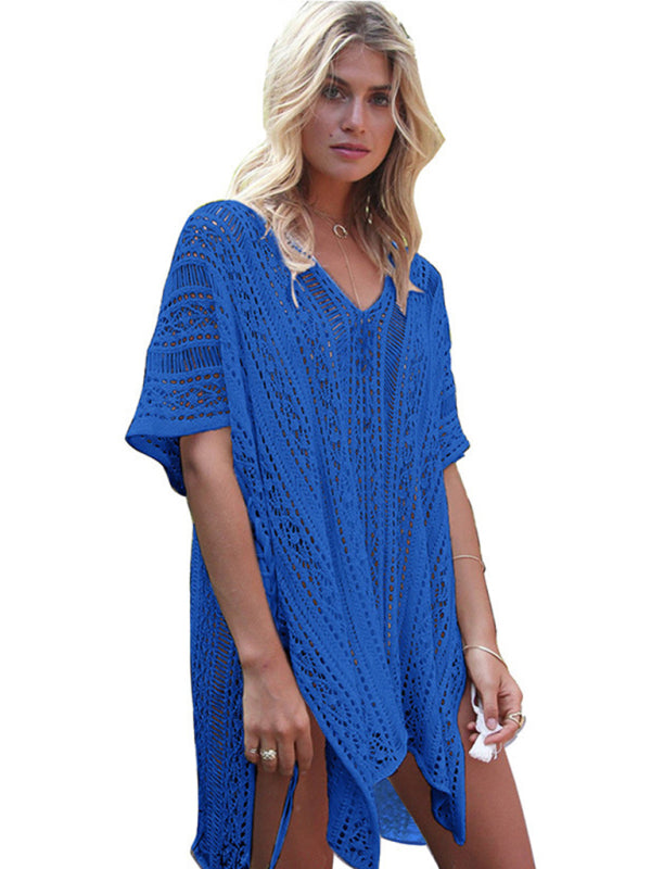 Knitted Hollow Cover-Up – V-Neck Cotton Beach Blouse for Sun Protection
