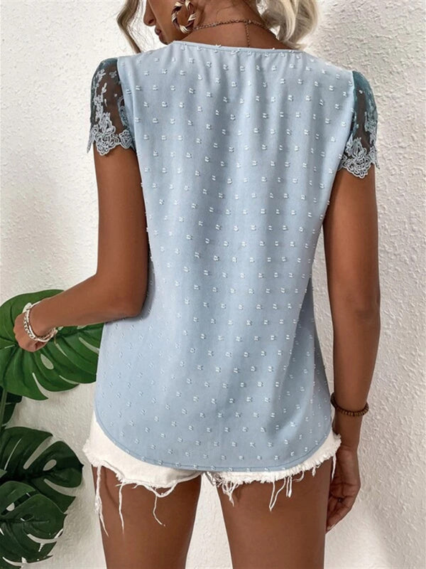 V-Neck Chiffon Lace Blouse – Summer Casual Top