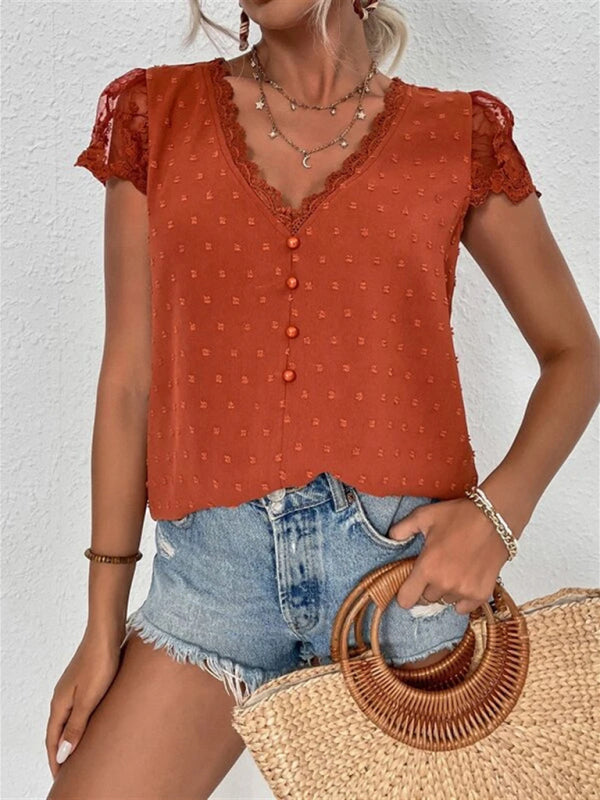 V-Neck Chiffon Lace Blouse – Summer Casual Top