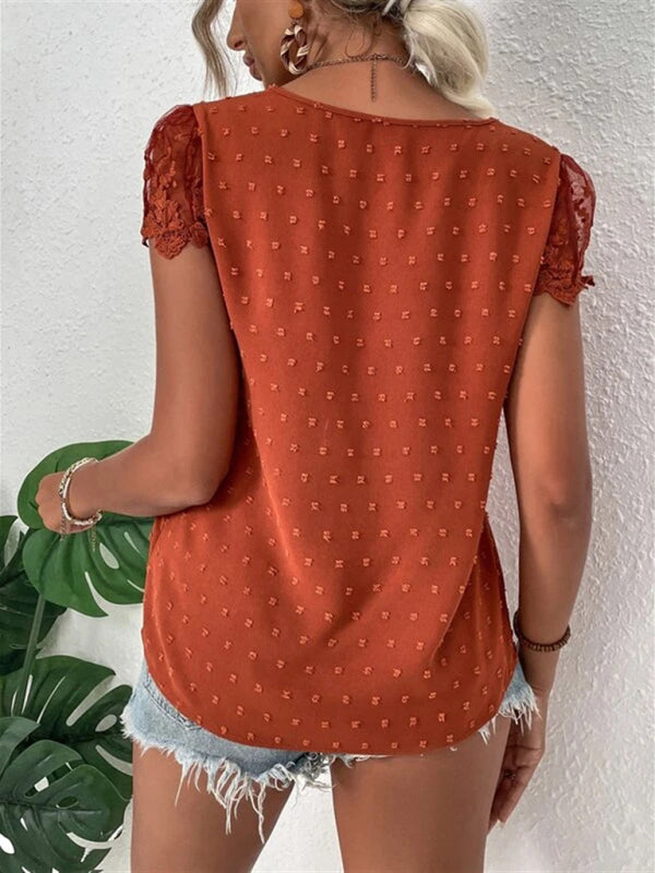 V-Neck Chiffon Lace Blouse – Summer Casual Top