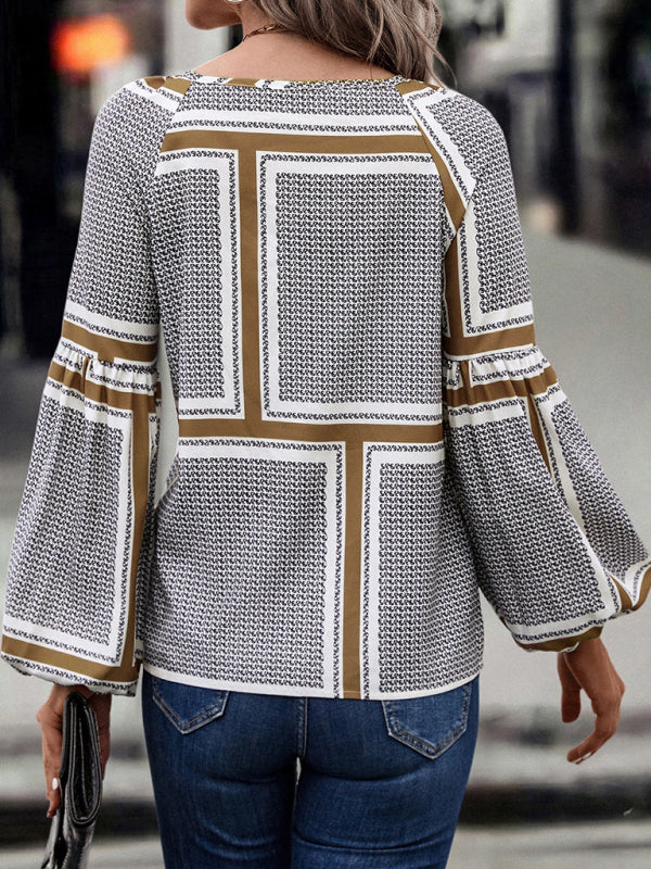 Women's Geometric Print Balloon Sleeve Blouse