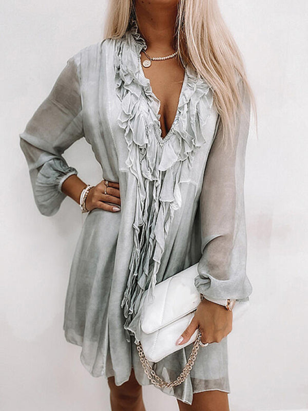 Ruffled Long Sleeve Midi Dress – A-Line Fit, Lantern Sleeves & V-Neck