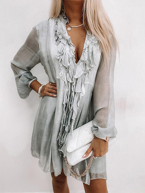 Ruffled Long Sleeve Midi Dress – A-Line Fit, Lantern Sleeves & V-Neck