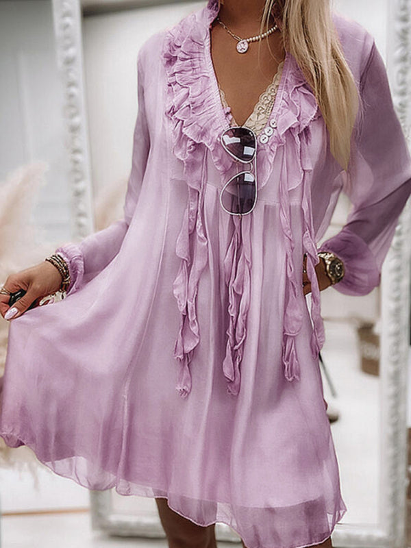 Ruffled Long Sleeve Midi Dress – A-Line Fit, Lantern Sleeves & V-Neck