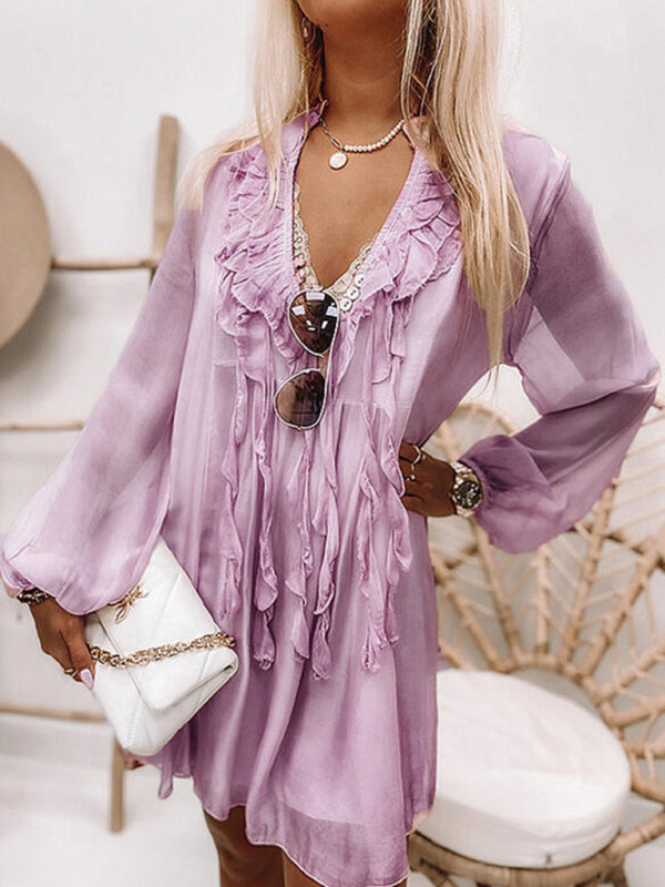 Ruffled Long Sleeve Midi Dress – A-Line Fit, Lantern Sleeves & V-Neck