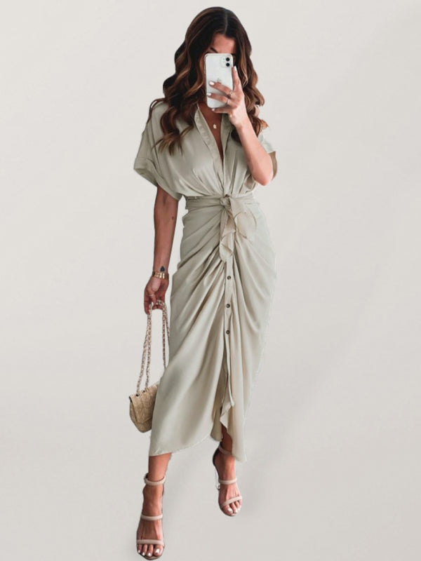 Pleated Shirt Dress – Short Sleeve, Lapel Collar, Solid Color, Summer Fit
