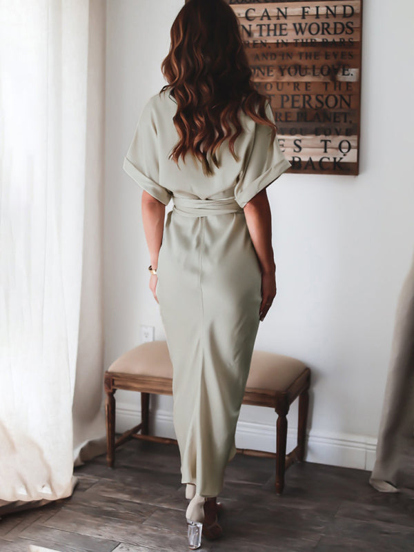 Pleated Shirt Dress – Short Sleeve, Lapel Collar, Solid Color, Summer Fit