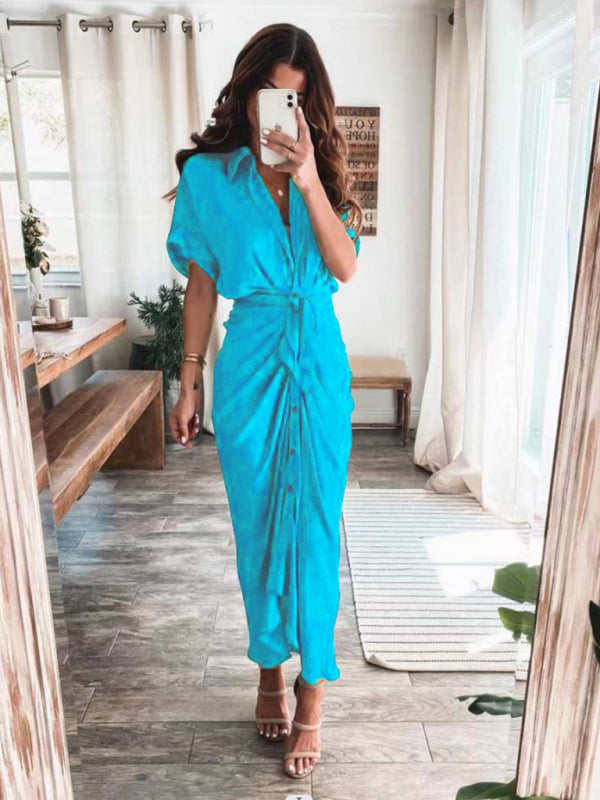 Pleated Shirt Dress – Short Sleeve, Lapel Collar, Solid Color, Summer Fit