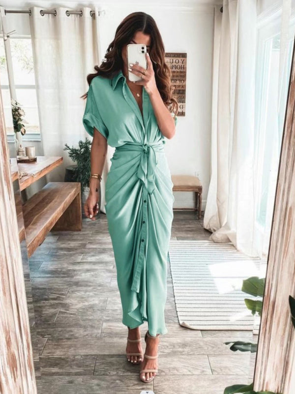 Pleated Shirt Dress – Short Sleeve, Lapel Collar, Solid Color, Summer Fit