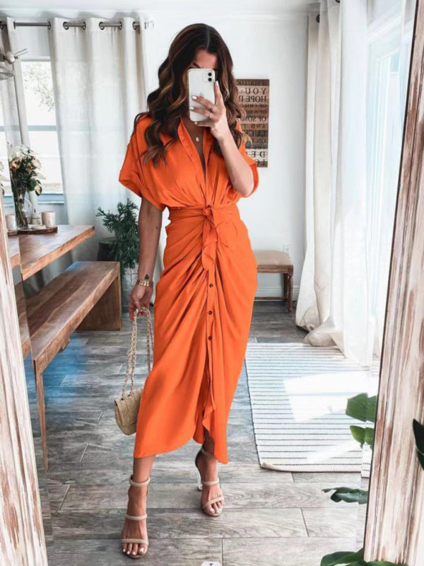 Pleated Shirt Dress – Short Sleeve, Lapel Collar, Solid Color, Summer Fit