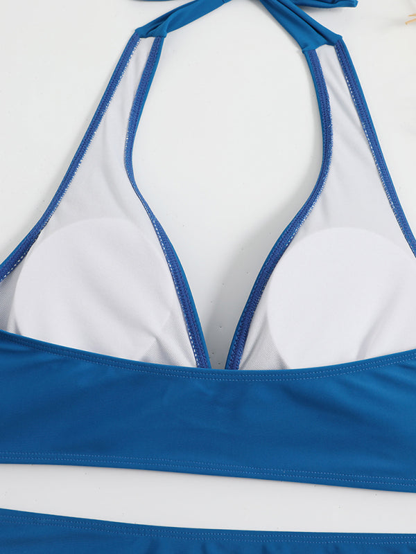 Colorblock High-Waisted Bikini Set – Deep V-Neck Top & Boxer Tie Bottoms